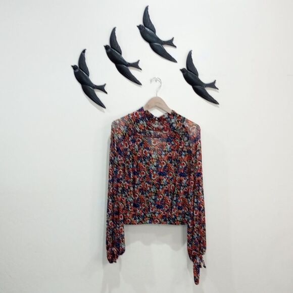 NEW! Free People All Dolled Up Floral Mesh Long Sleeve Crop Top  Black Combo - L - Picture 2 of 12